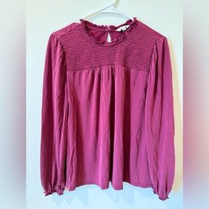 Lucky Brand Smocked Long Sleeve Blouse with Bib Collar